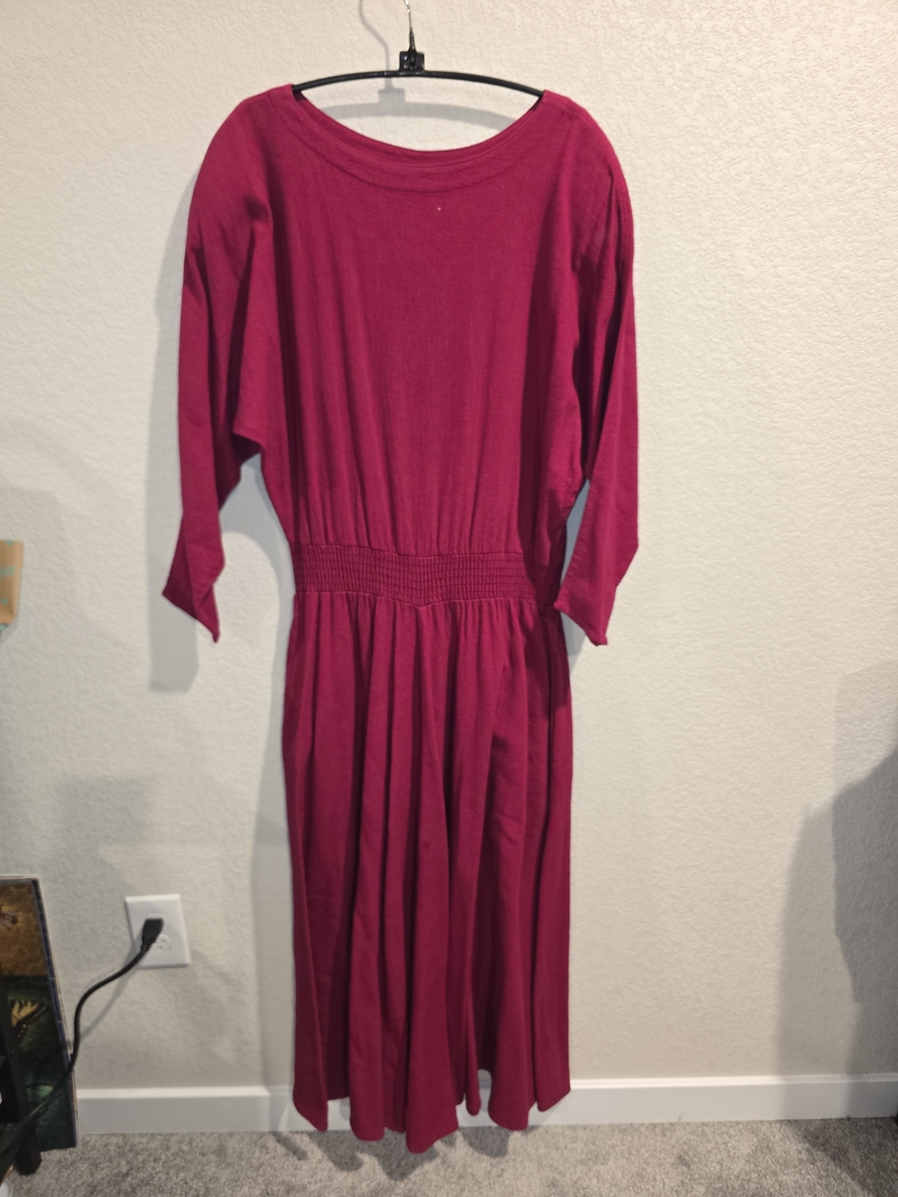Vintage New Hero Magenta Pink Smocked Waist Midi Dress Made in USA - Size Small